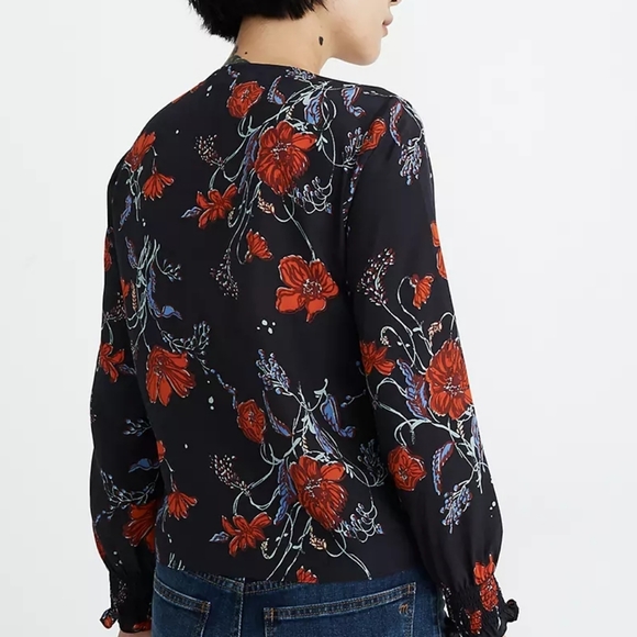 NWT Madewell Silk Smocked-Sleeve Wrap Top Floral - Picture 3 of 4